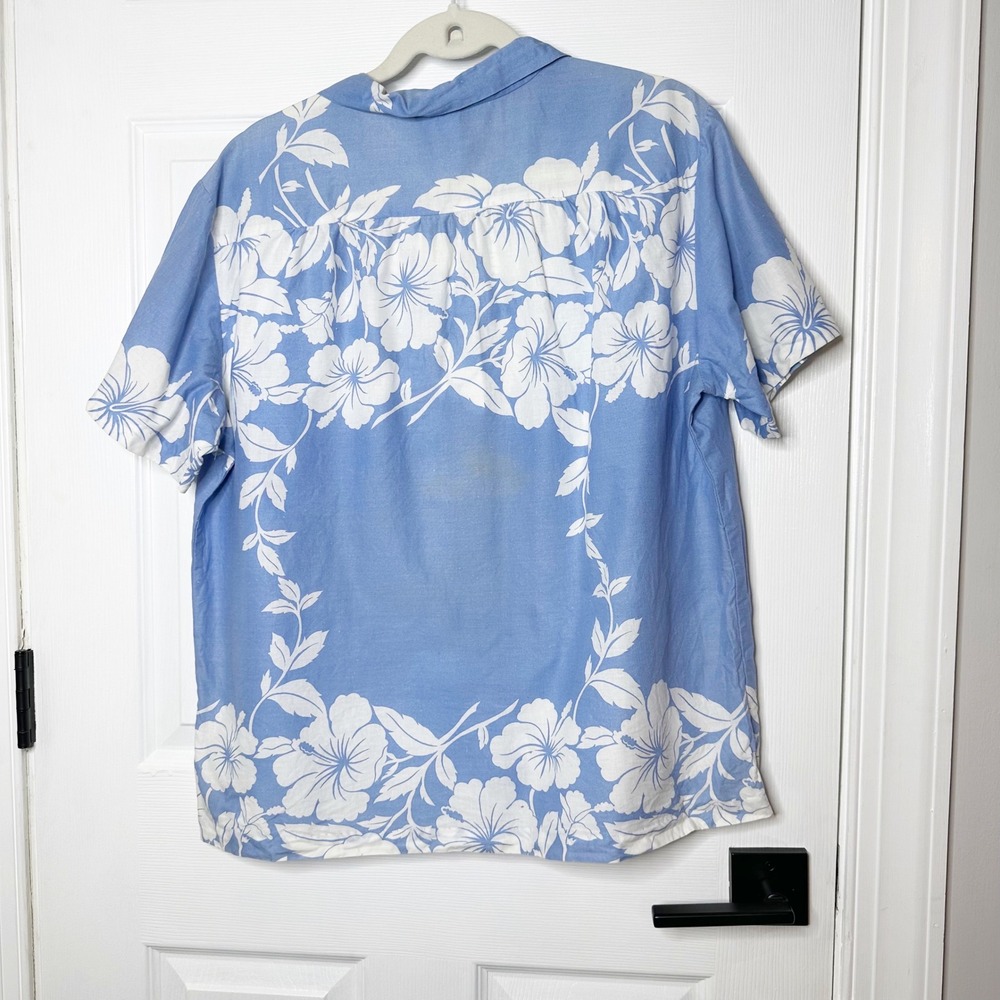 Vintage Hilo Hattie Hawaiian Shirt Mens L Blue White Hibiscus Floral Cotton - Picture 5 of 6